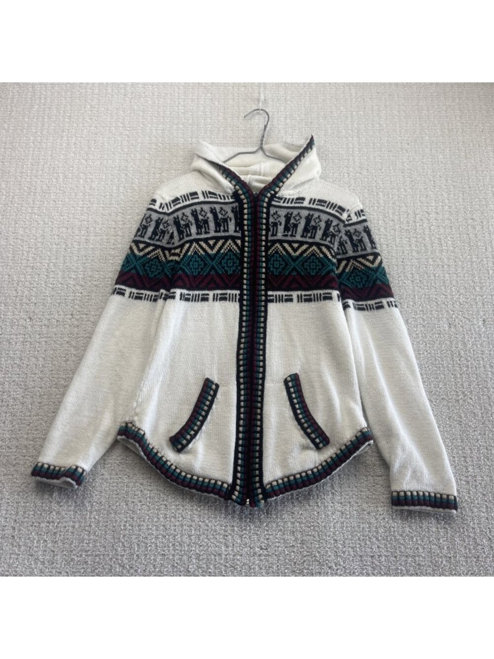Alpaca Sweater White / Blue Knit Zip Up Hoodie Peruvian Native Aztec AOP Read